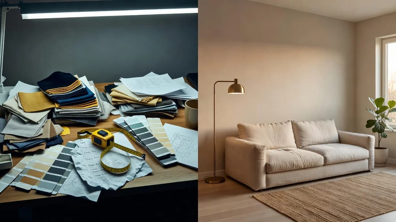 Split scene contrasting a cluttered traditional renovation planning desk with a warm, AI-redesigned living room